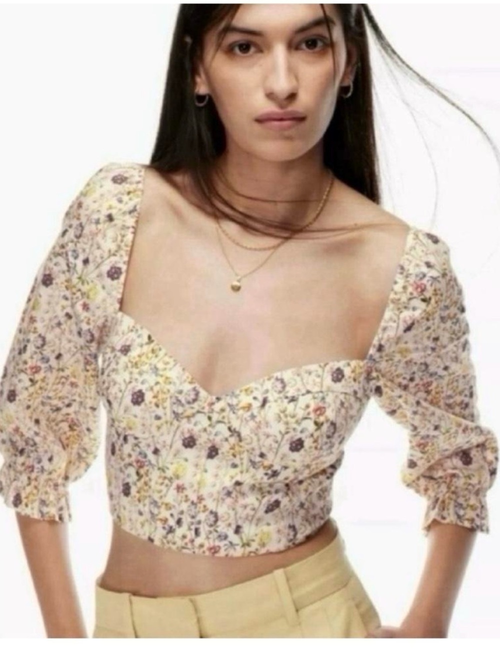 Aritzia Wilfred Vilette Linen Floral Cropped Blouse size Medium $110